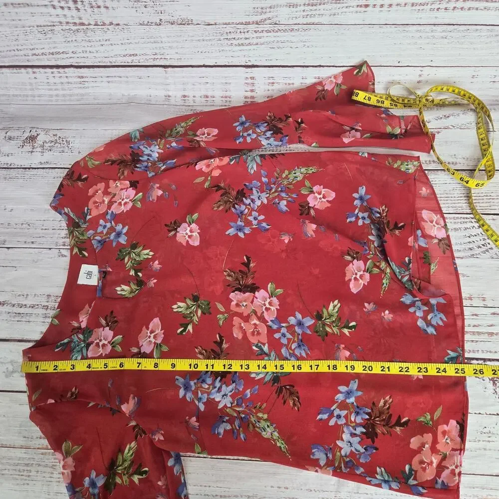 Cabi Devoted Red Floral Bell Sleeve Blouse S Sheer Lined Boho Festival Bloom Top